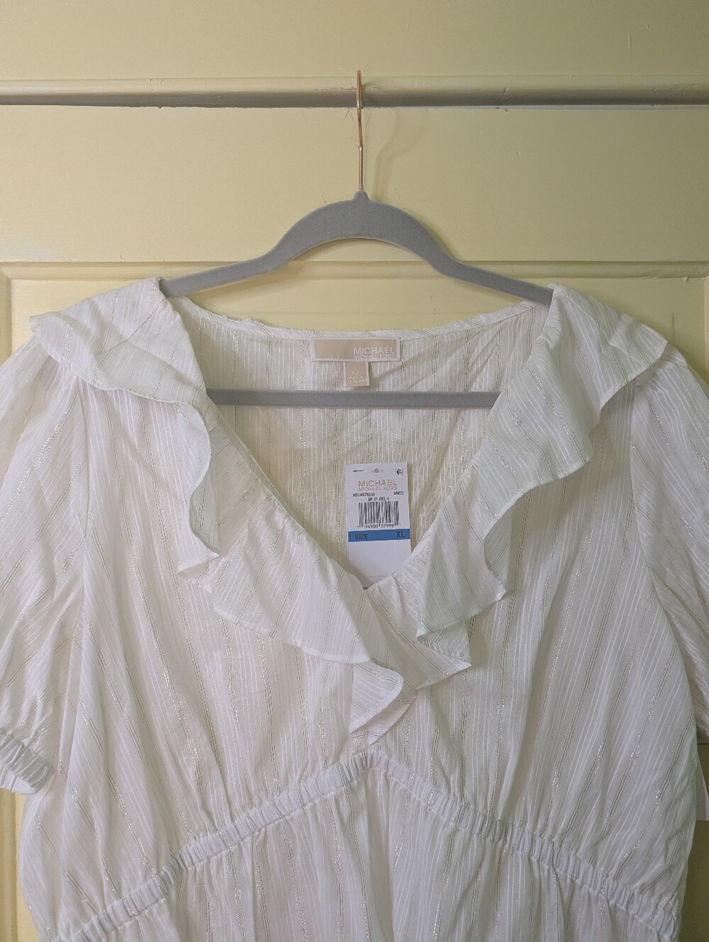 Michael Michael Kors White Metallic Stripe Ruffle Peplum Top NWT XL - Picture 3 of 10